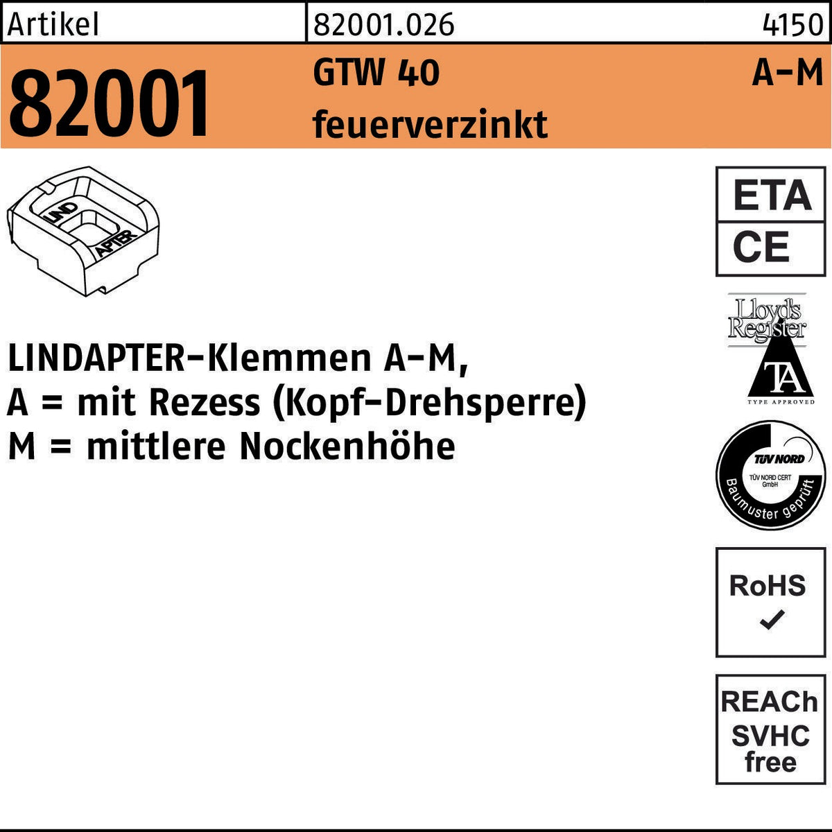 LINDAPTER Klemmen R 82001 GTW 40 KM 10/4,0 – Form A-K, galvanisch verzinkt