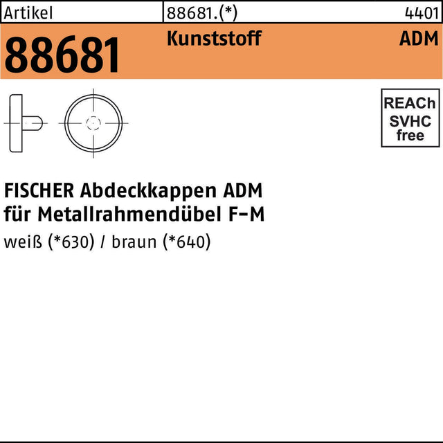 FISCHER Abdeckkappen ADM 10 mm Kunststoff weiß 100 Stück für Metallrahmendübel F-M