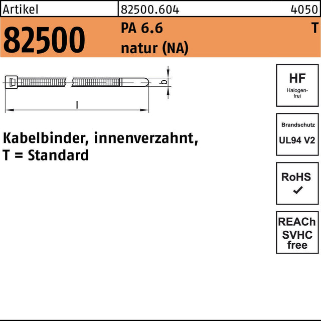 HellermannTyton Kabelbinder R 82500 innenverzahnt 2,3x83 mm PA 6.6 natur