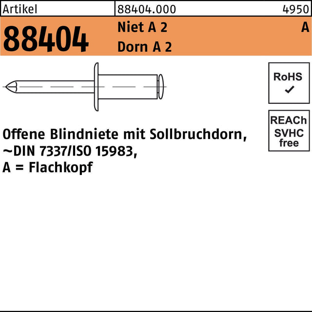 FLAKO Blindniete R 88404 – 3 x 6 mm, Flachkopf, Niet A2/Dorn A2