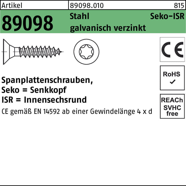F. REYHER Seko-ISR Spanplattenschraube 3,5x50 mm T15 Stahl verzinkt 500 Stück