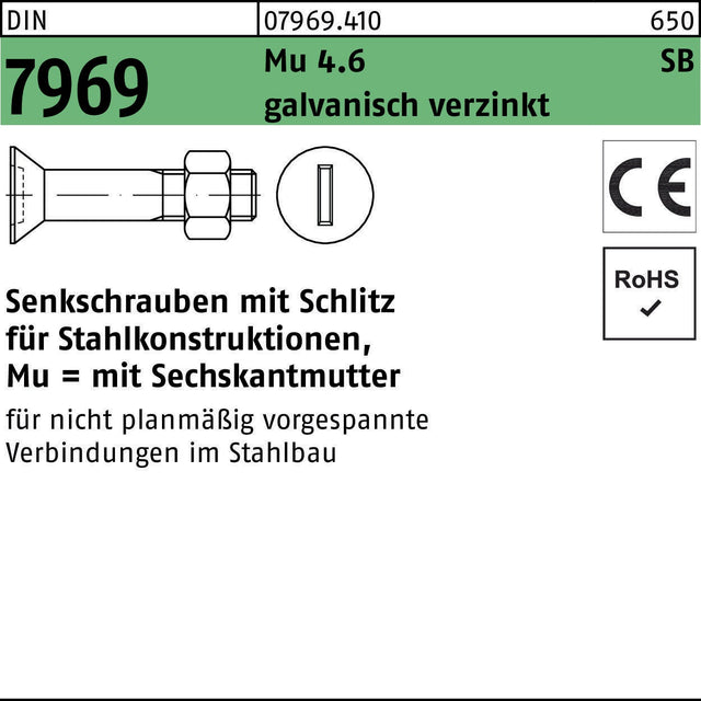 F. REYHER Senkschraube DIN 7969 Schlitz M12x30 4.6 mit Mutter, galv. verzinkt