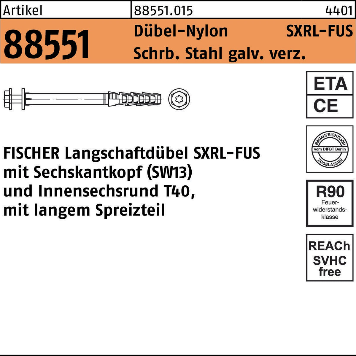 FISCHER Langschaftdübel SXRL-FUS 10x80 mit Sechskantkopf und Innensechsrund