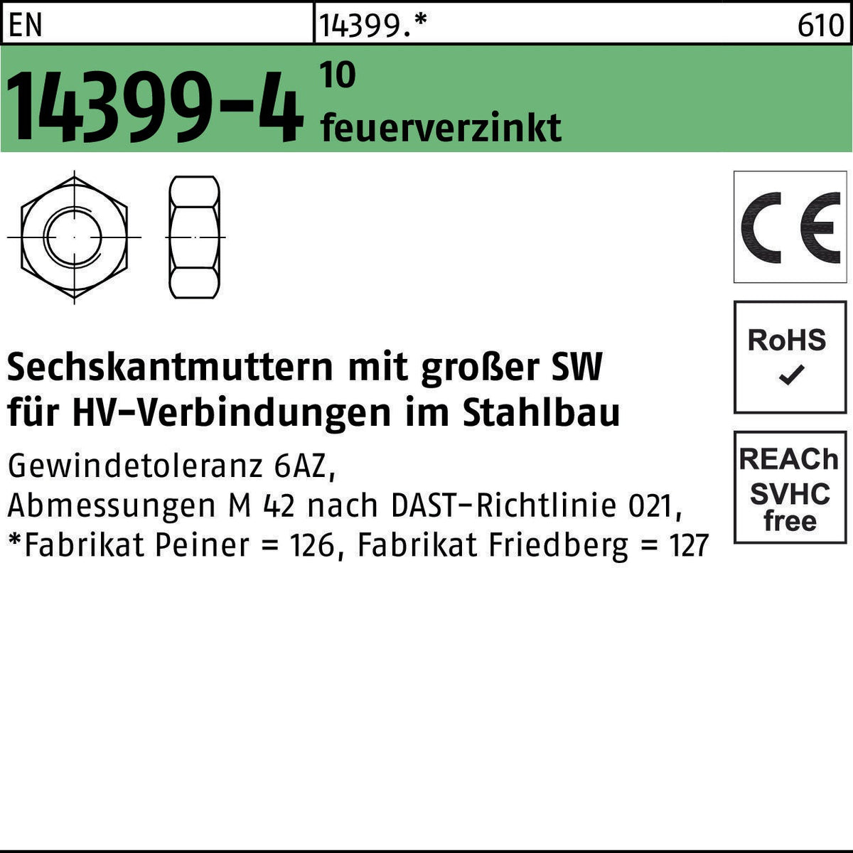 PEINER Sechskantmutter EN 14399-4 M12 10 – HV-Verbindungen im Stahlbau