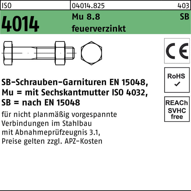 F. REYHER Sechskantschraube ISO 4014 M10x40 8.8 feuerverzinkt mit Mutter