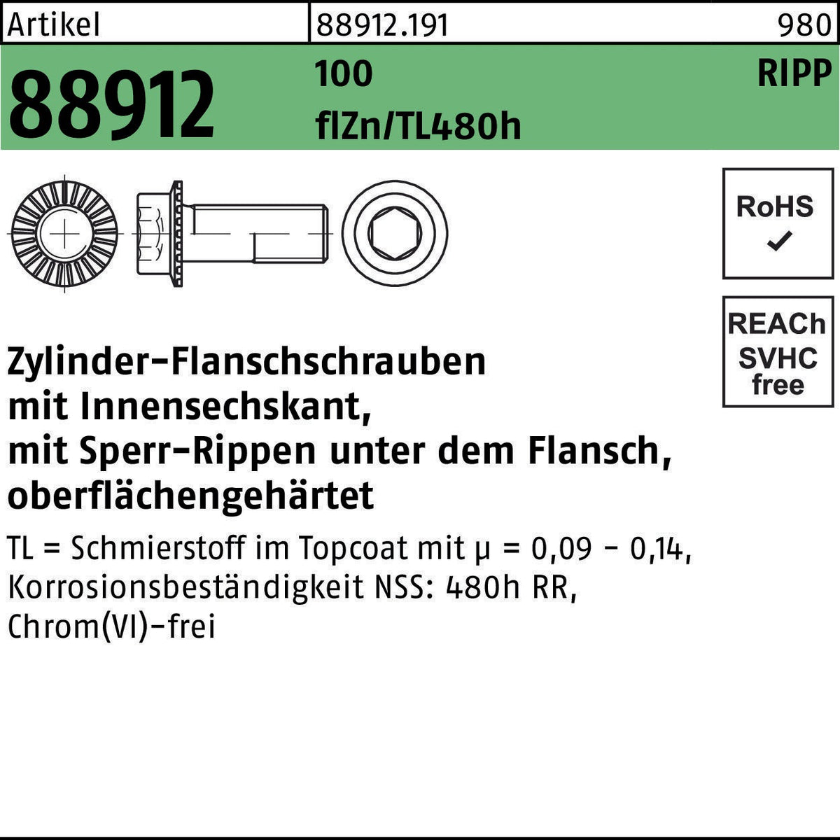 F. REYHER Zylinderflanschschraube R 88912 Sperr-Ripp Innensechskant M6x12 500 Stück