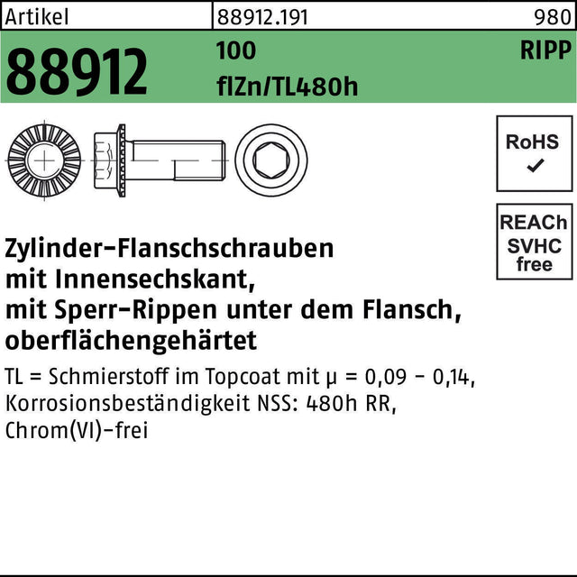 F. REYHER Zylinderflanschschraube R 88912 Sperr-Ripp Innensechskant M6x12 500 Stück