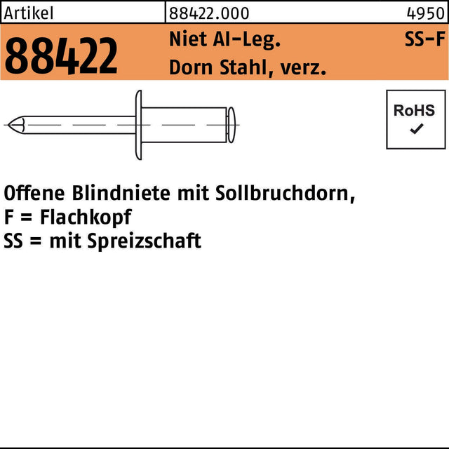 F. REYHER Blindniete R 88422 Flachkopf Alu/Stahl verzinkt 3,2 x 10 mm – 500 Stück