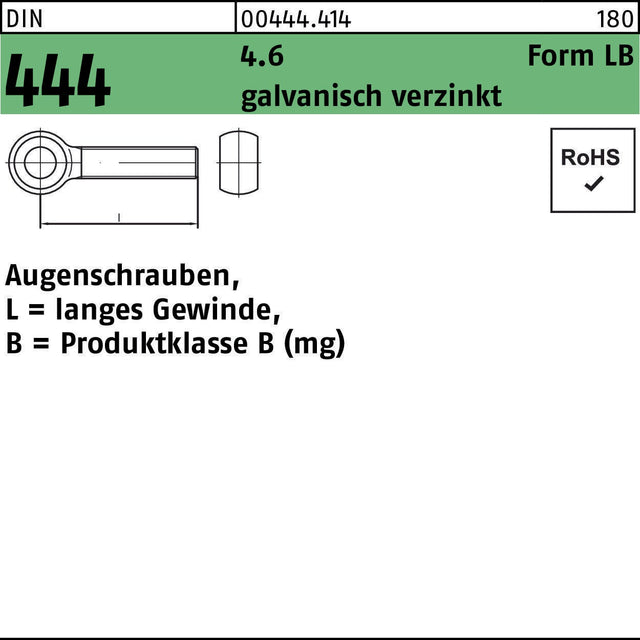 F. REYHER Augenschraube DIN 444 Form LB M8 x 60 mm, 4.6, galvanisch verzinkt