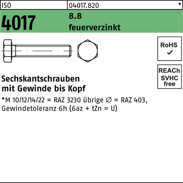 Sechskantschraube ISO 4017 VG M16x240 8.8 feuerverzinkt von BUFAB – 1 Stück