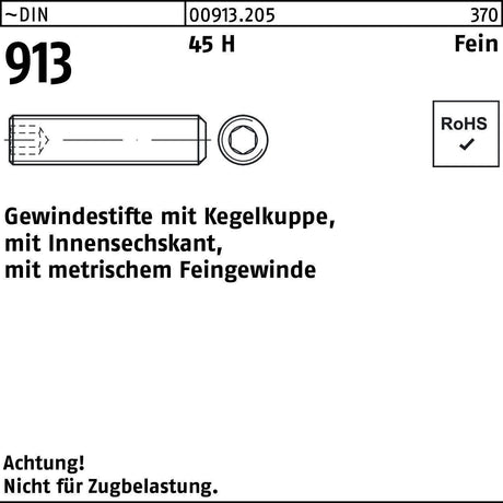 F. REYHER Gewindestift DIN 913 Kegelkuppe Innen-6kt M14x1,5x10 45 H Feingewinde 200 Stück