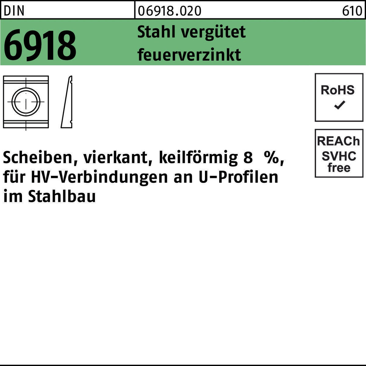 F. REYHER Unterlegscheibe DIN 6918 ÜH vierkant keilförmig 13 mm Stahl C45 vergütet