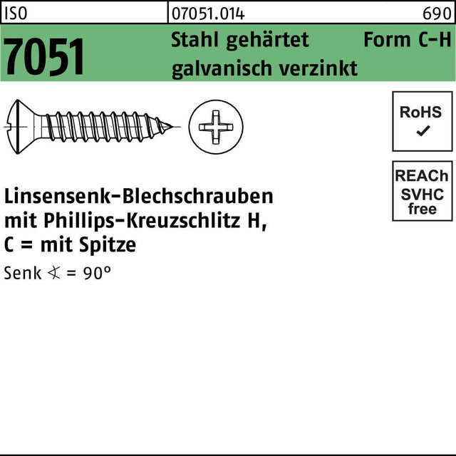 F. REYHER Linsensenk-Blechschrauben ISO 7051 2,9 x 6,5 mm Stahl verzinkt 2000 Stück