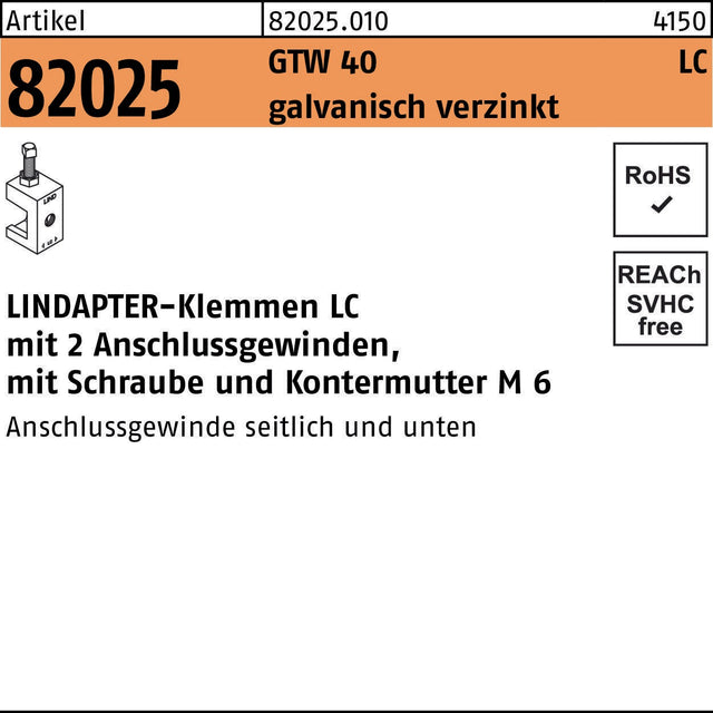 LINDAPTER Klemme R 82024 GTW 40 LC M6 galvanisch verzinkt – 1 Stück