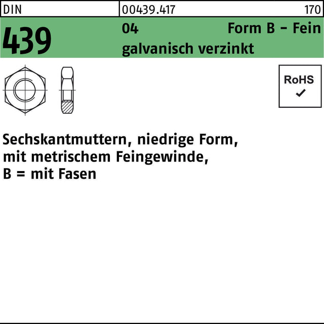 Sechskantmutter DIN 439 Form B M16x1,5 Automatenstahl verzinkt 50 Stück von F. REYHER