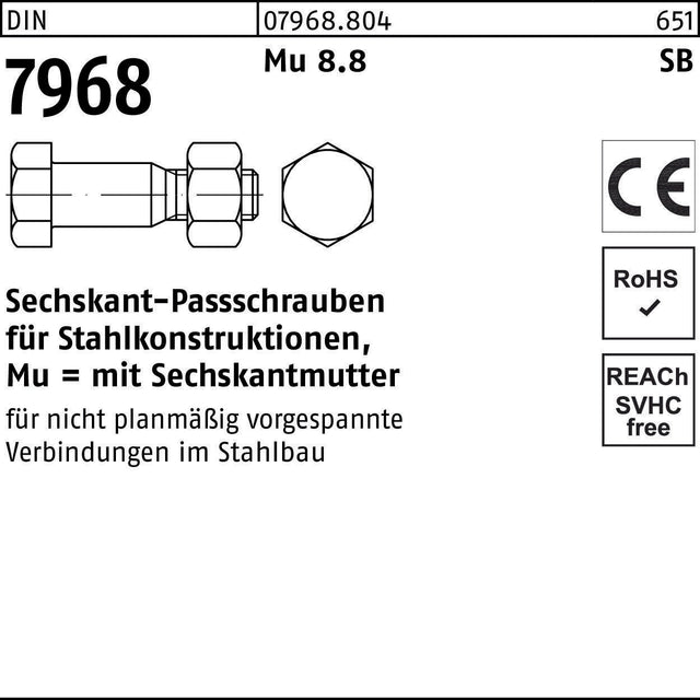 F. REYHER Sechskantpassschraube DIN 7968 M12x35 8.8 mit Mutter