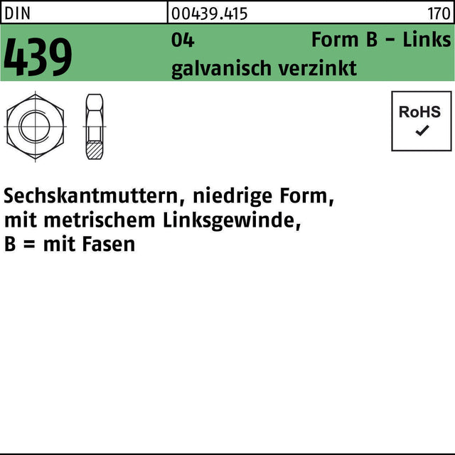 F. REYHER Sechskantmutter DIN 439 Form B Links M16 verzinkt 50 Stück