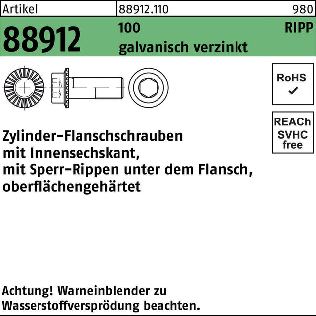 REYHER Zylinderflanschschraube R 88912 Sperr-Ripp Innen-6kt M6x10 100 galv. verz. 500 Stk.