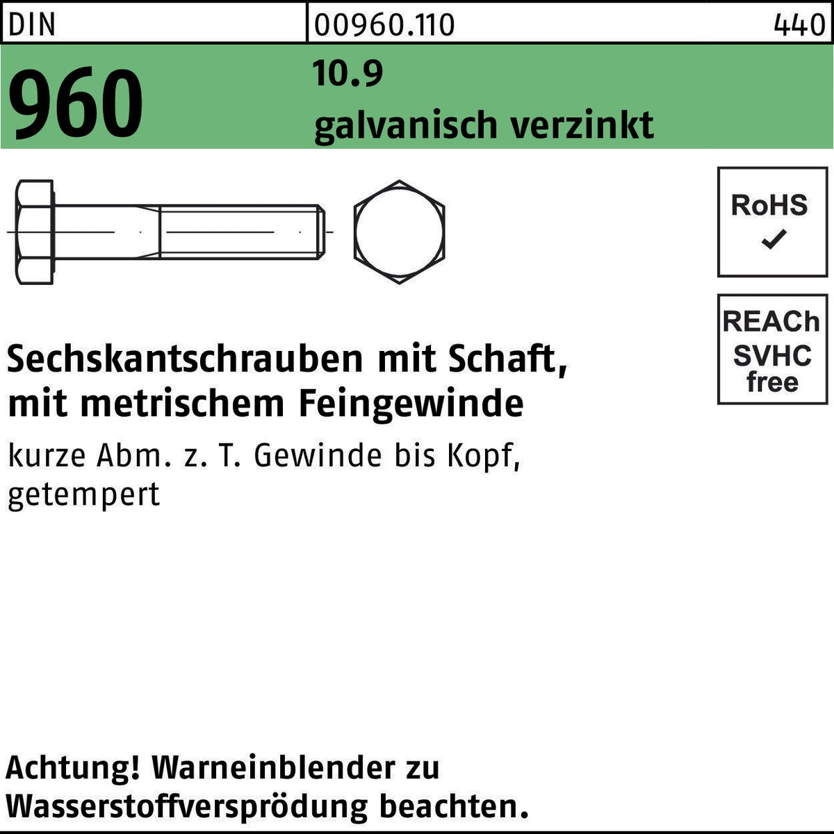 F. REYHER Sechskantschraube DIN 960 mit Schaft M10x1x45 mm 10.9 galvanisch verzinkt – 100 Stück