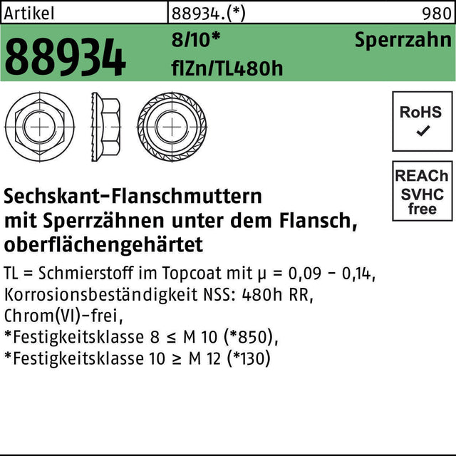 F. REYHER Sechskantflanschmutter R 88934 Sperrzahn M12 10 flZnnc 480h-L 100 Stück