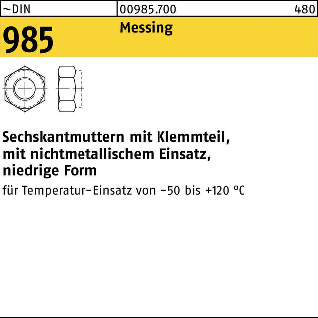 F. REYHER Sechskantmutter DIN 985 Klemmteil M4 Messing 100 Stück