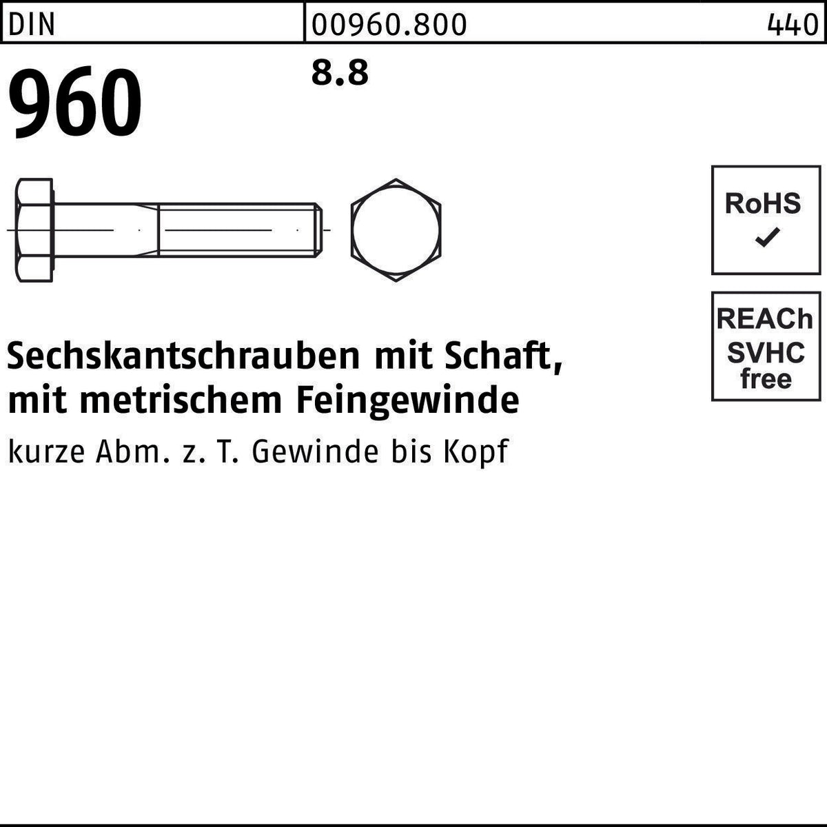 F. REYHER Sechskantschraube DIN 960 mit Schaft M14x1,5x50 mm 8.8 – 50 Stück