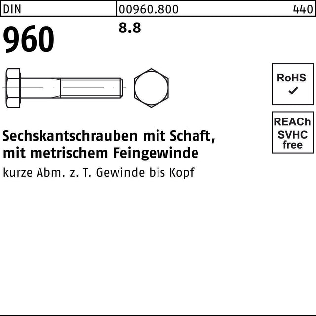 Sechskantschraube DIN 960 M18x1,5x60 mm 8.8 mit Schaft von F. REYHER – 25 Stück