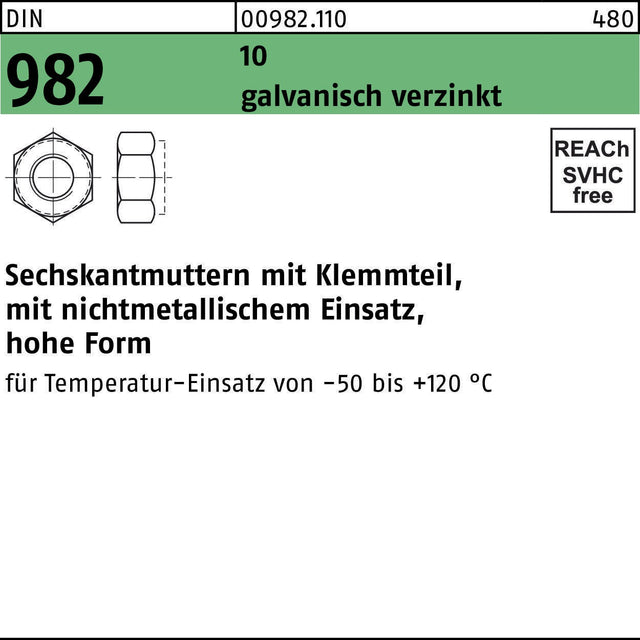 F. REYHER Sechskantmutter DIN 982 mit Klemmteil M10 galvanisch verzinkt