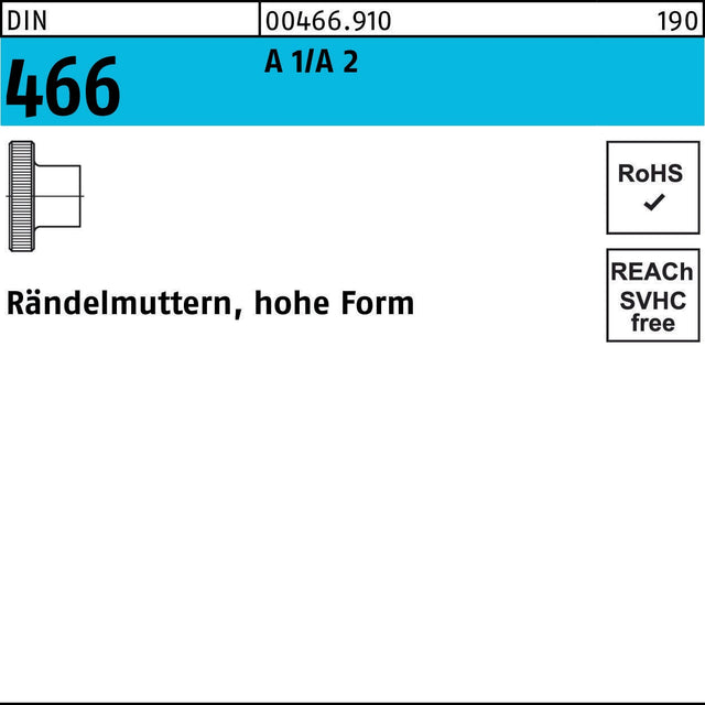 Rändelmutter DIN 466 hohe Form M3 A 1/A 2 von F. REYHER – 25 Stück