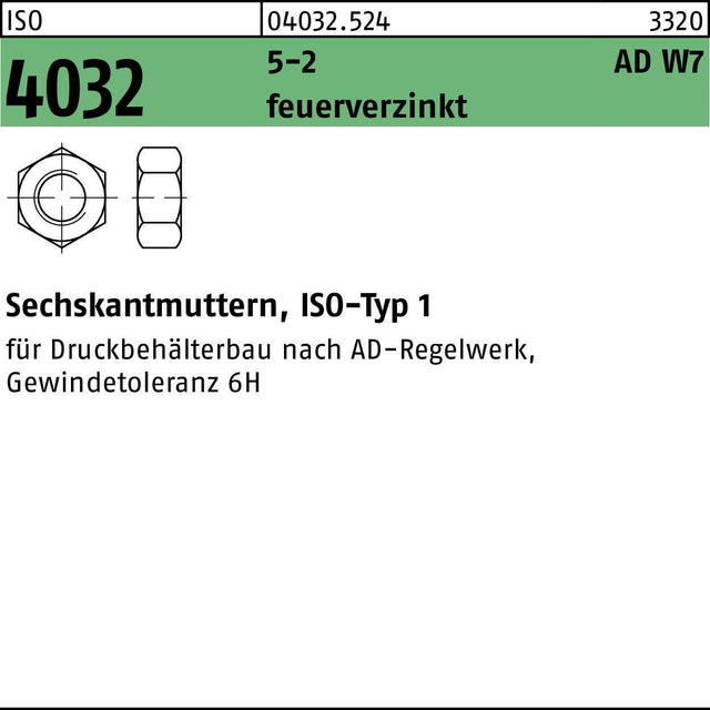 BUFAB Sechskantmutter ISO 4032 M20 5-2 AD W7 feuerverzinkt