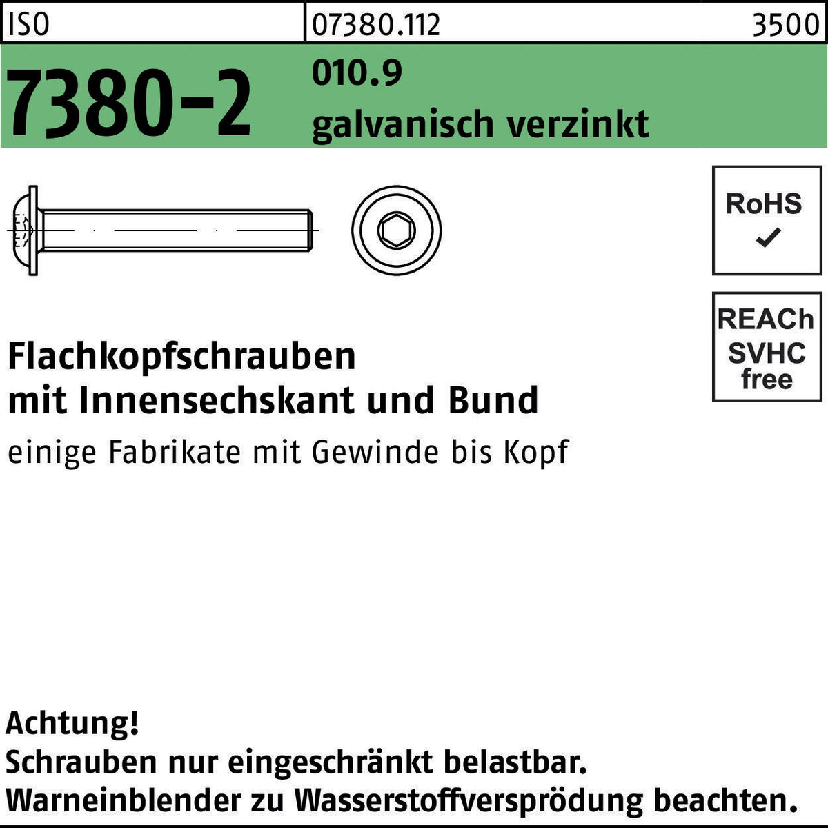 F. REYHER Flachkopfschraube ISO 7380-2 M5x35 Innensechskant mit Bund, 10.9, galvanisch verzinkt