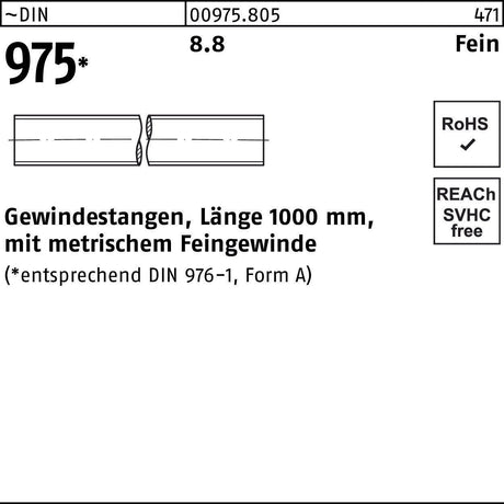 F. REYHER Gewindestange DIN 975 M8 x 1 x 1000 mm Stahl Feingewinde