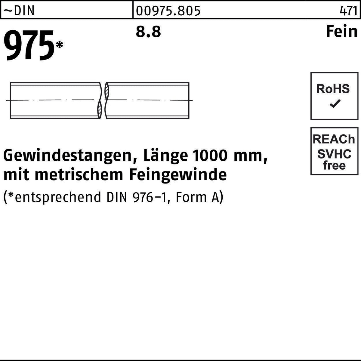 F. REYHER Gewindestange DIN 975 M24 x 2 x 1000 mm aus Stahl – Feingewinde