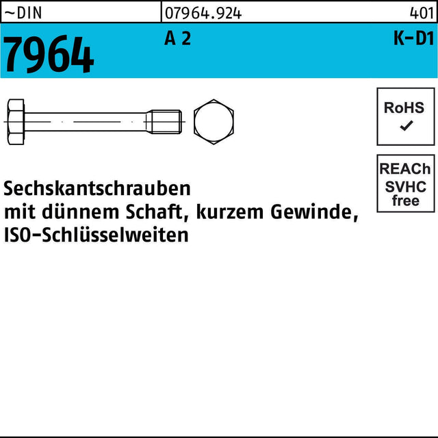 F. REYHER Dünnschaftschraube DIN 7964 M8x20/10 A2 Sechskantschraube 100 Stück