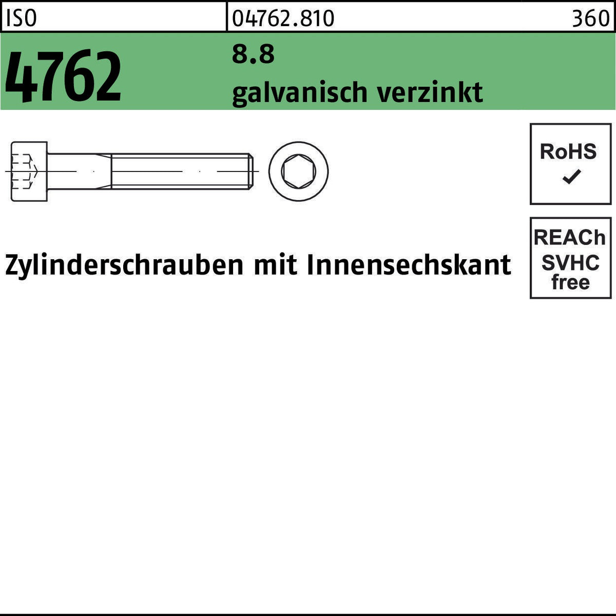F. REYHER Zylinderschraube ISO 4762 Innensechskant M12x210 mm 8.8 galvanisch verzinkt