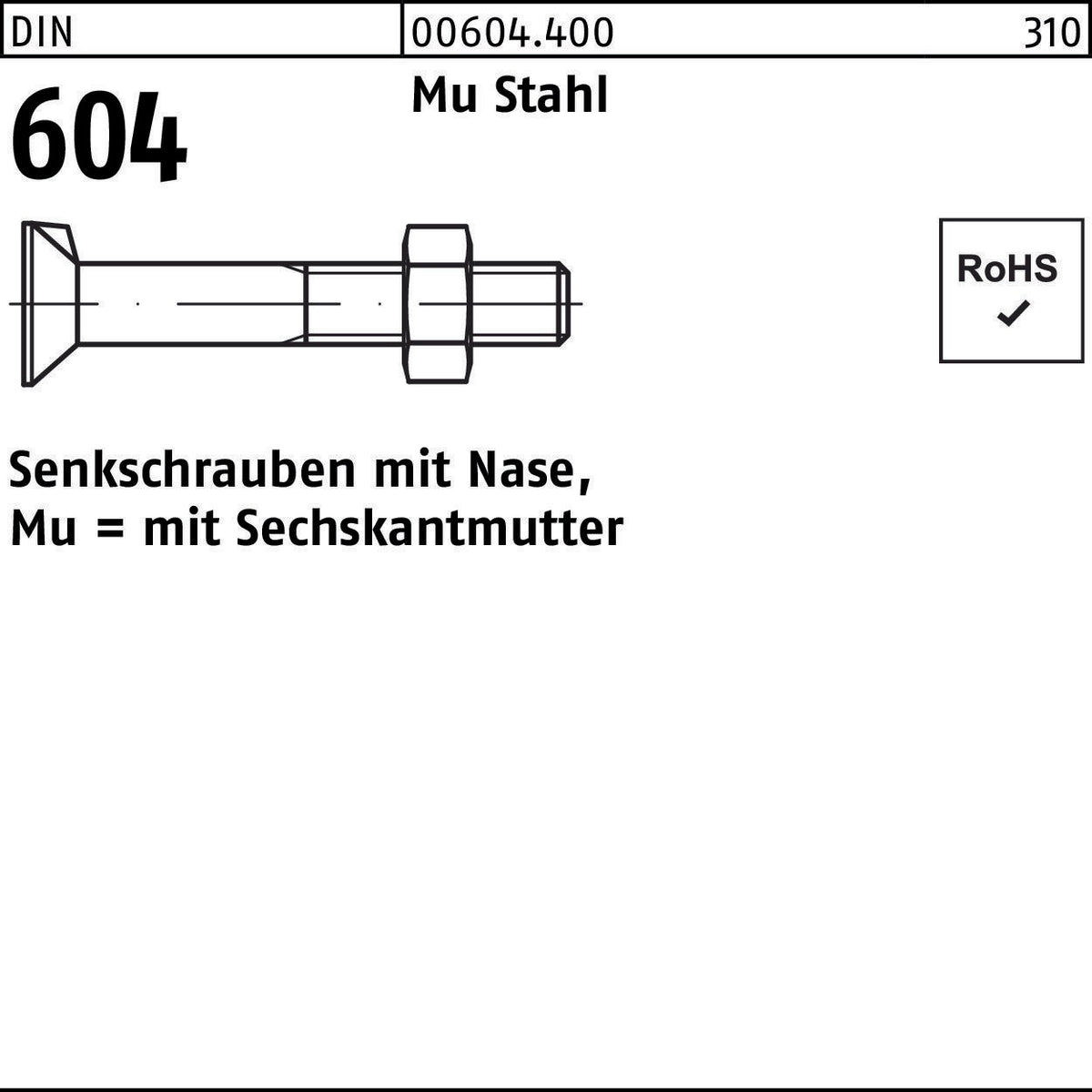 F. REYHER Senkschraube DIN 604 mit Nase und Sechskantmutter M6 x 20 mm, Mu Stahl 4.6