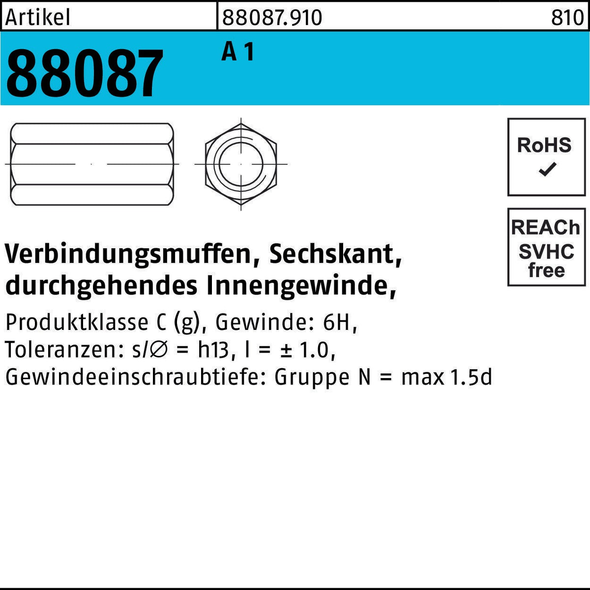 F. REYHER Sechskantverbindungsmuffe R 88087 M24x50 SW36 A1/1.4305