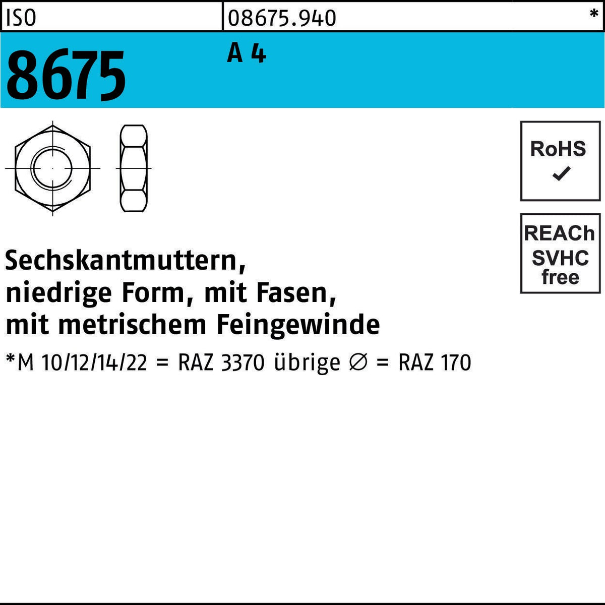 F. REYHER Sechskantmutter ISO 8675 M18x1,5 A4 – 10 Stück, niedrige Form mit Feingewinde