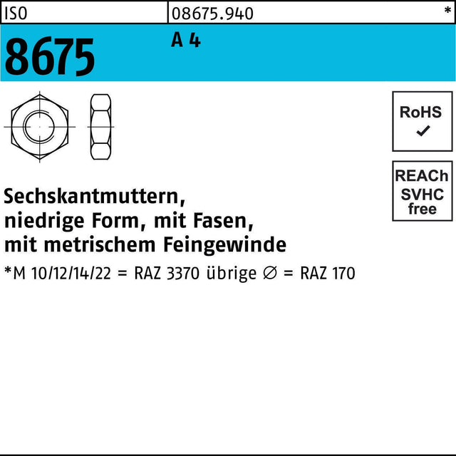 Sechskantmutter ISO 8675 mit Fasen M16x1,5 A4 – 25 Stück von F. REYHER