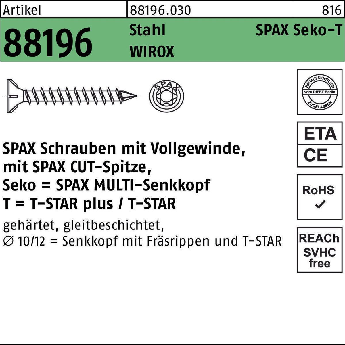 SPAX Seko-T Spanplattenschraube 8x180 mm T40 WIROX Stahl – 50 Stück