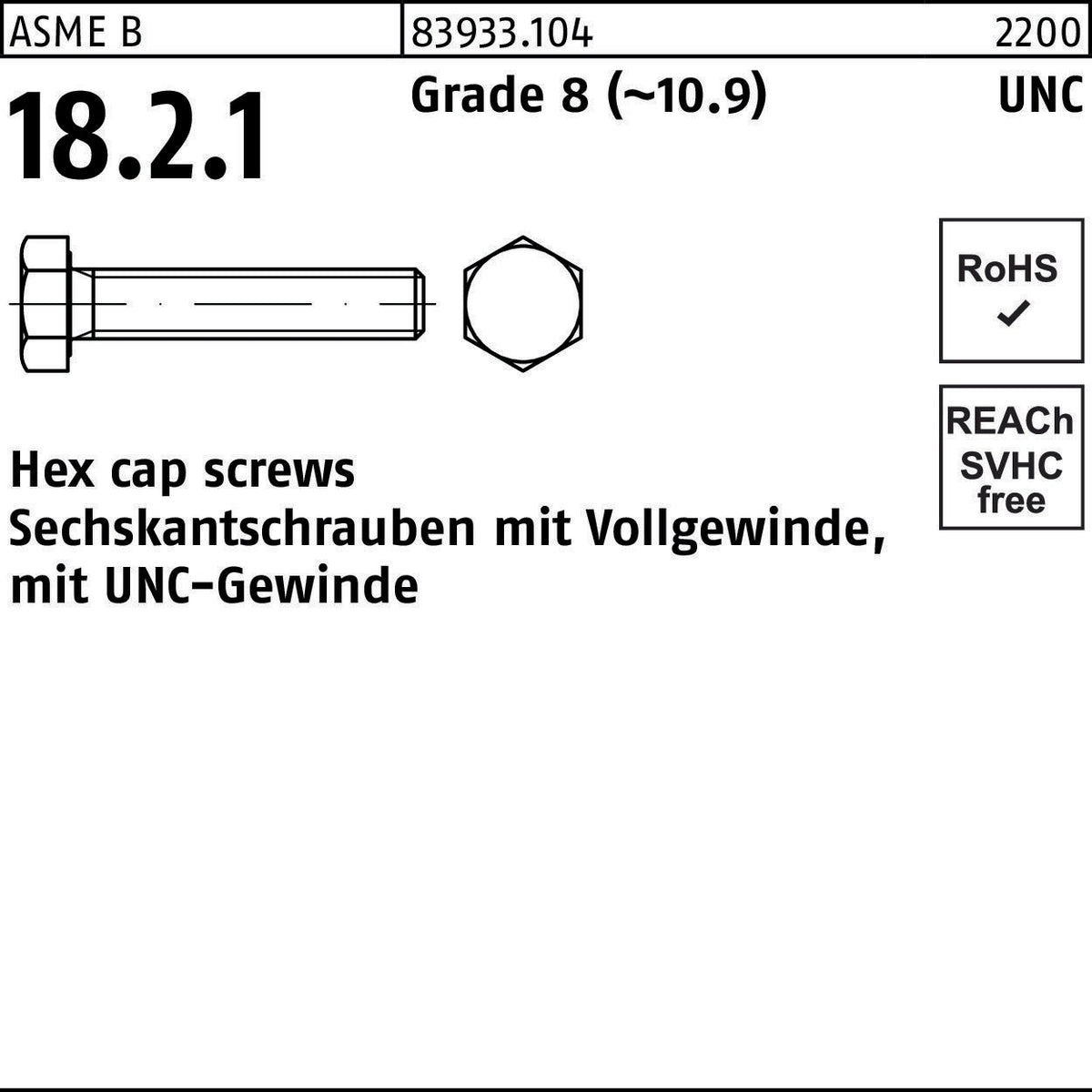 REYHER Sechskantschraube 1 1/2 x 3 UNC Grade 8 (10.9) – 5 Stück