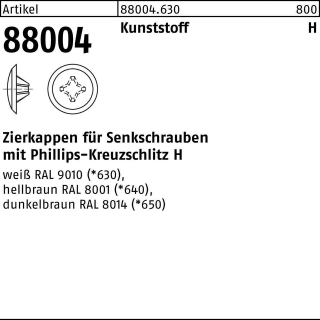 REYHER Zierkappe R 88004 für PH 2 x 12 / 3,5-5 – 1000 Stück, Kunststoff weiß