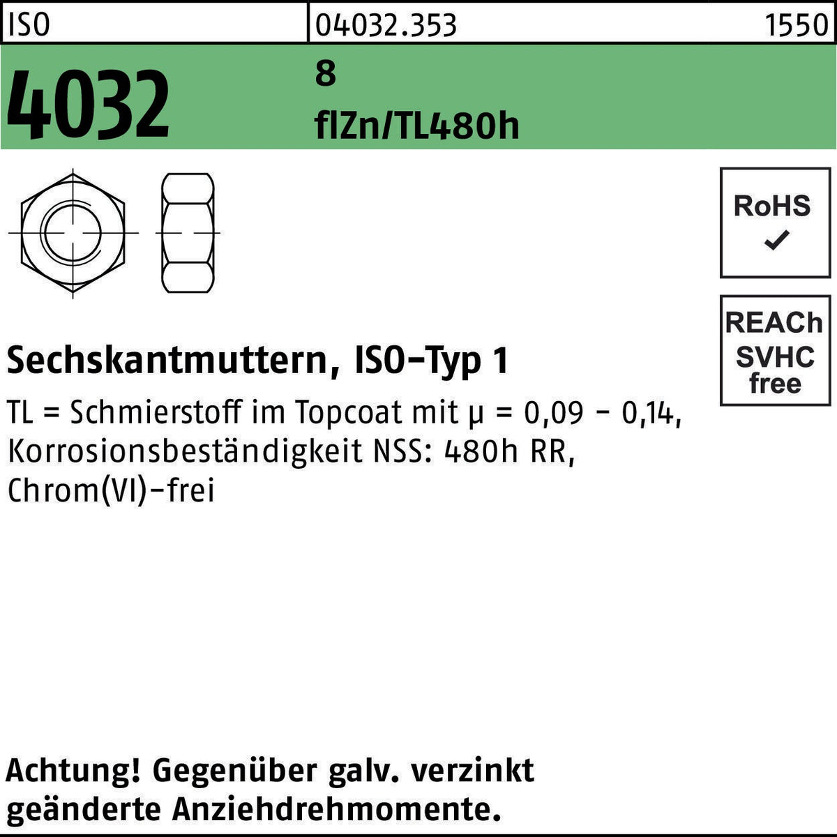 BUFAB Sechskantmutter ISO 4032 M6 8 zinklamellenbeschichtet – 1000 Stück
