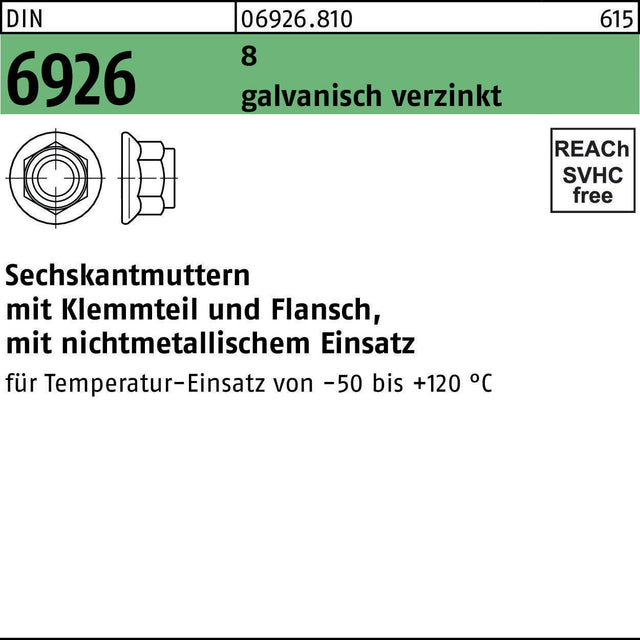 F. REYHER Sechskantmutter DIN 6926 mit Klemmteil & Flansch M5 galvanisch verzinkt 100 Stück