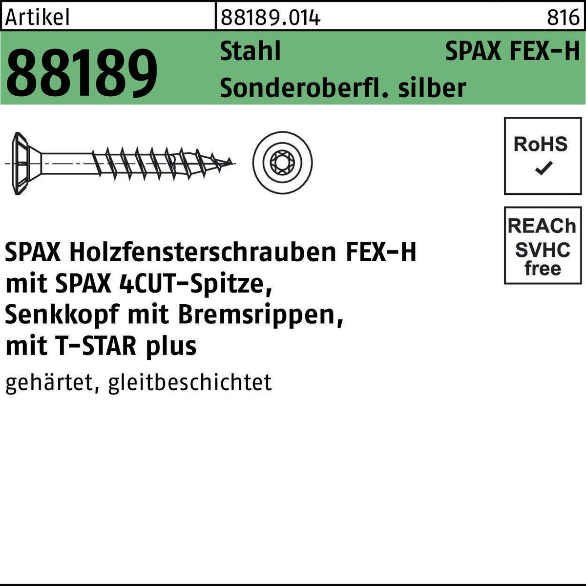 SPAX Holzfensterschraube FEX-H 4x30 mm T-STAR T15 Senkkopf Bremsrippen 1000 Stück