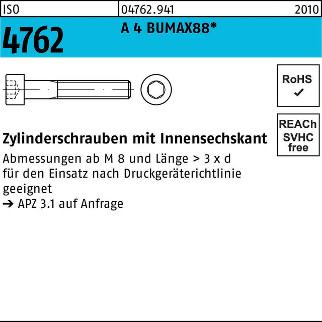 BUFAB Zylinderschraube ISO 4762 Innensechskant M3x6 A4 BUMAX88 500 Stück