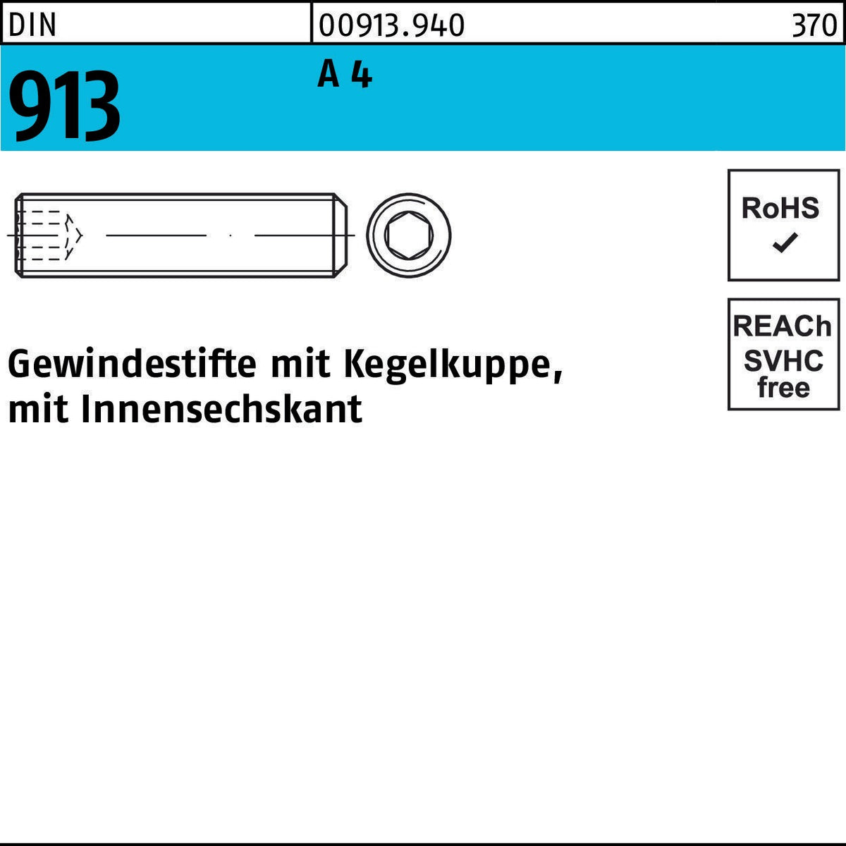 F. REYHER Gewindestift DIN 913 M20x20 A4 mit Kegelkuppe und Innensechskant