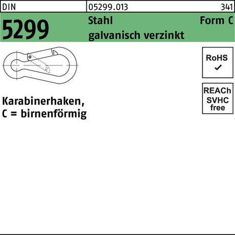 Feuerwehrkarabinerhaken DIN 5299 Form C birnenförmig 40x4 mm Stahl verzinkt 100 Stück