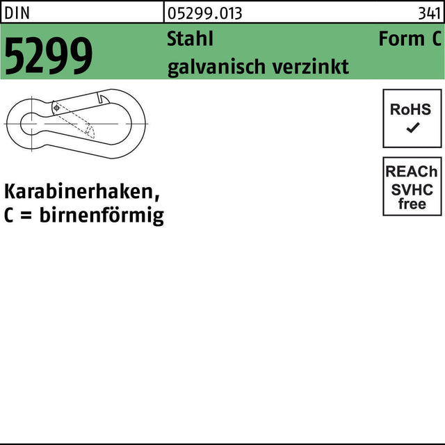 Feuerwehrkarabinerhaken DIN 5299 Form C birnenförmig 40x4 mm Stahl verzinkt 100 Stück