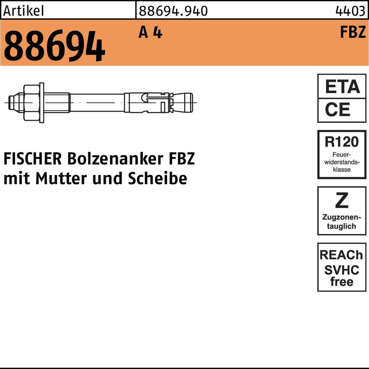FISCHER Bolzenanker FBZ 10/30 A4 mit Mutter und Scheibe – 50 Stück